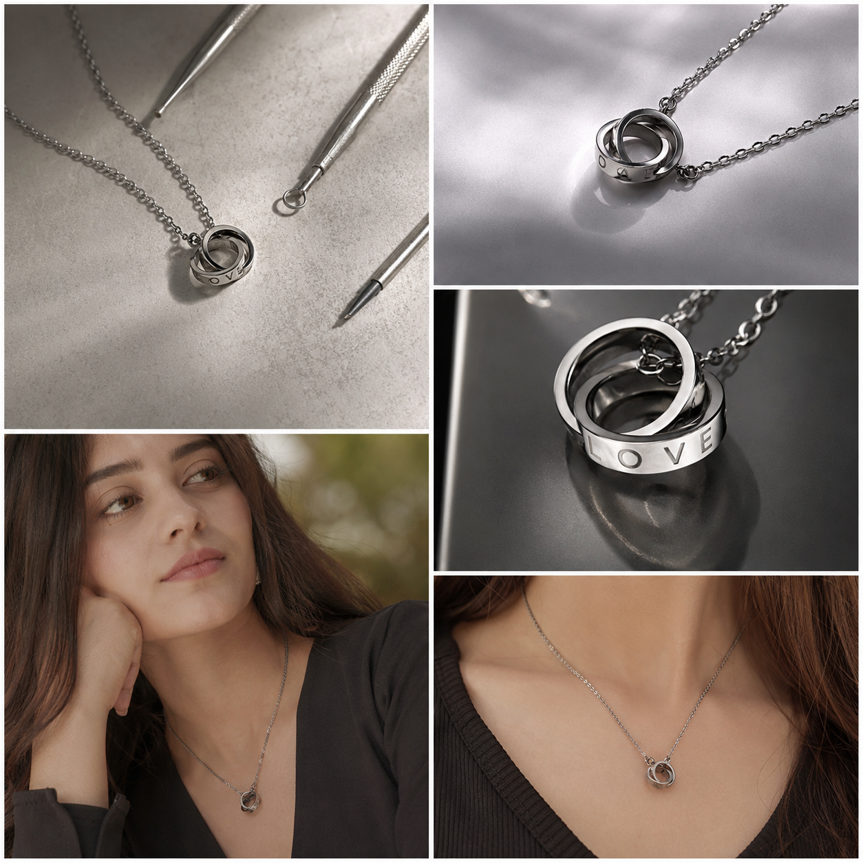 Luxury Couple Ring Pendant Necklace – Elegant Stainless Steel Interlocking Circle Necklace
