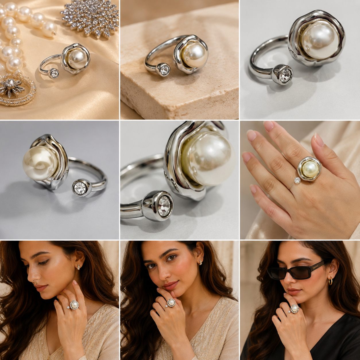Luxury Pearl Open Ring – Elegant Adjustable Silver Statement Ring for Women