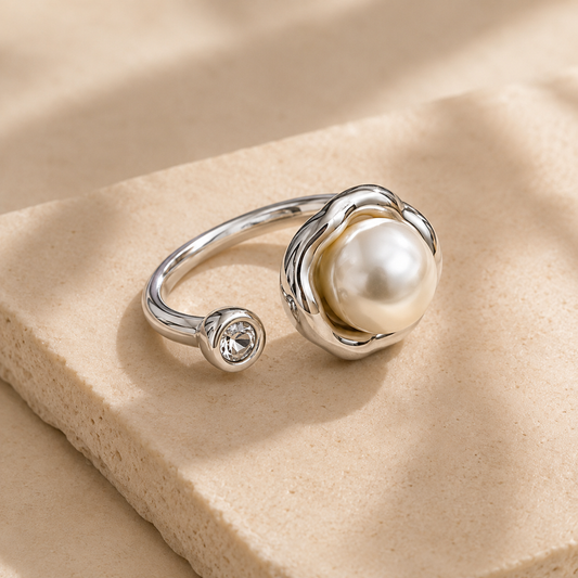 Luxury Pearl Open Ring – Elegant Adjustable Silver Statement Ring for Women