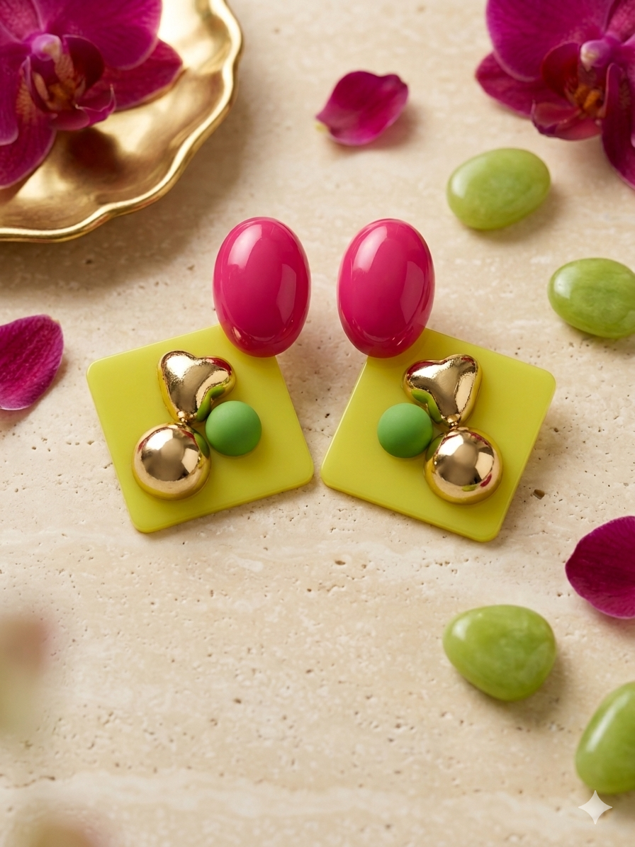 Retro-Pop Geometric Statement Earrings – Fuchsia & Lime Chartreuse