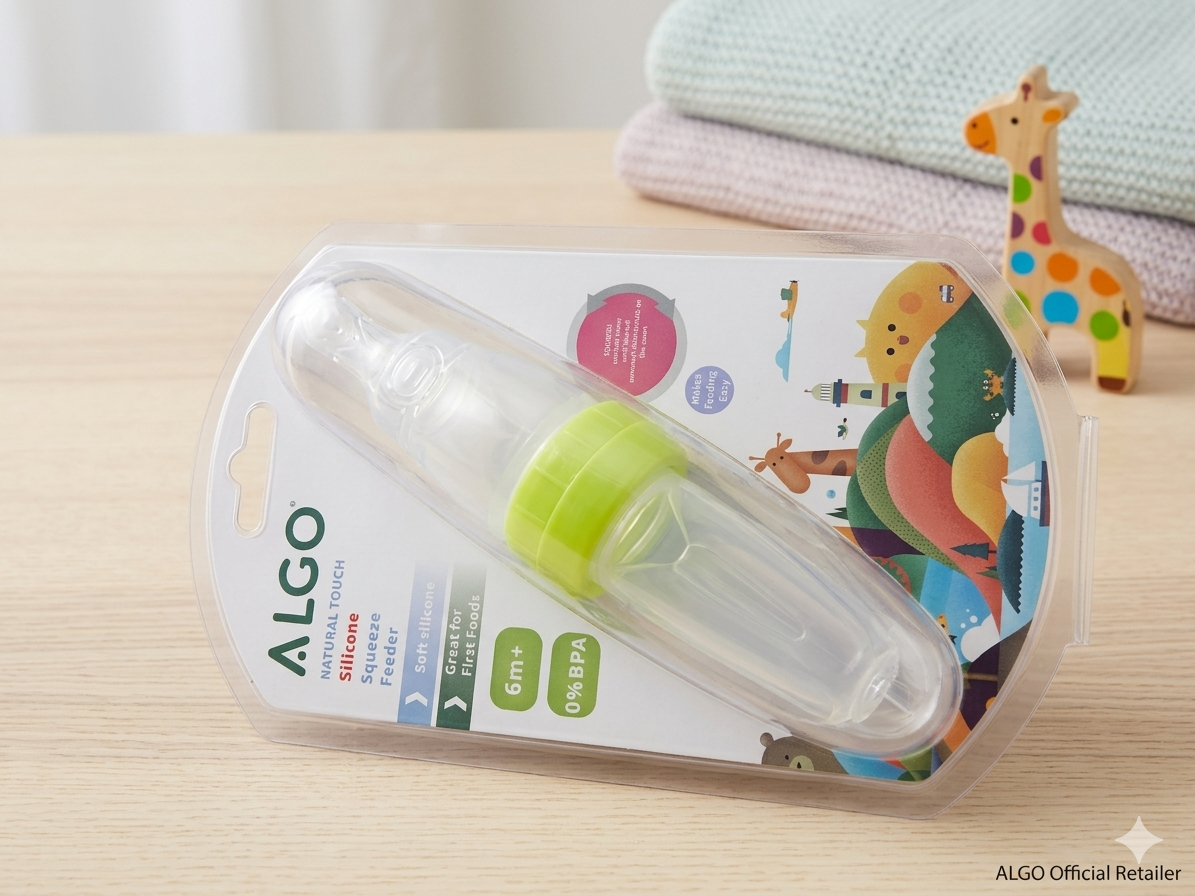ALGO Natural Touch Silicone Squeeze Feeder – 2-in-1 Baby Food Dispensing Bottle & Soft Weaning Spoon