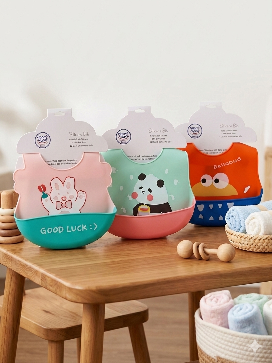 Waterproof Silicone Baby Bibs with Food Catching Pocket – Easy Clean, Adjustable Infant Feeding Bibs