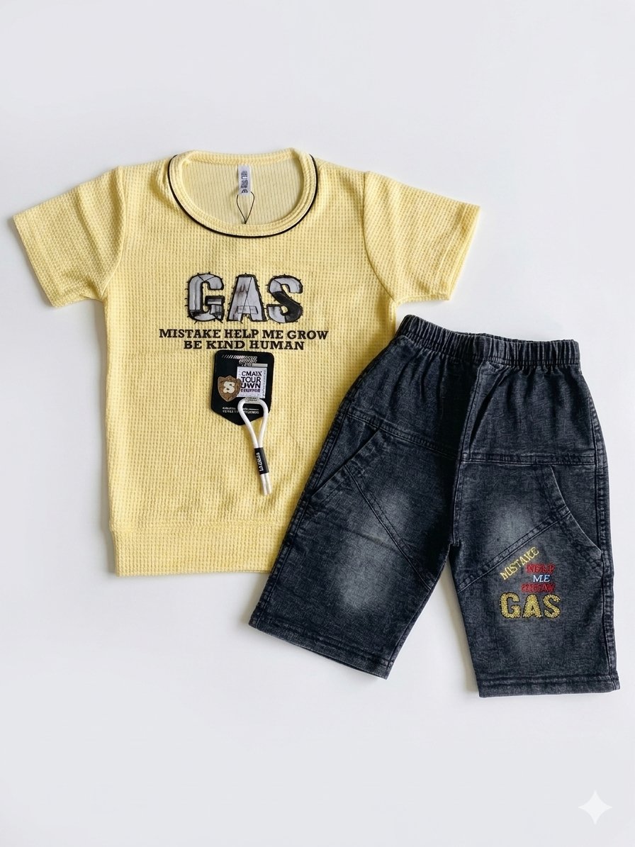 Kids' "GAS" Textured Tee & Denim Shorts Two-Piece Set