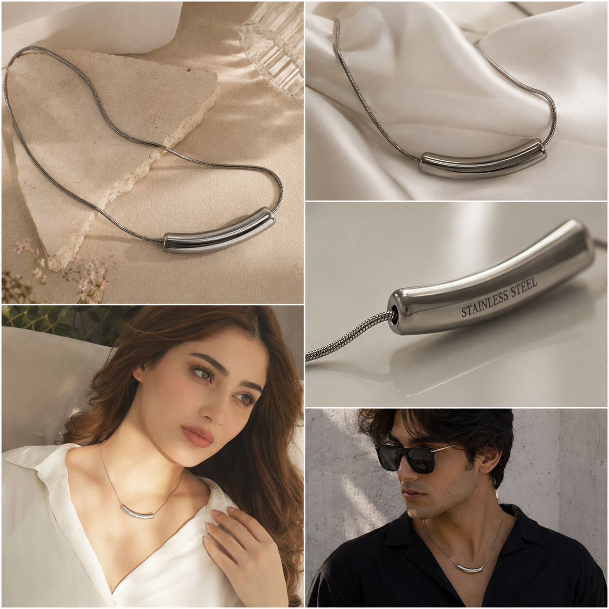 Alifbaay Premium Stainless Steel Curved Tube Necklace