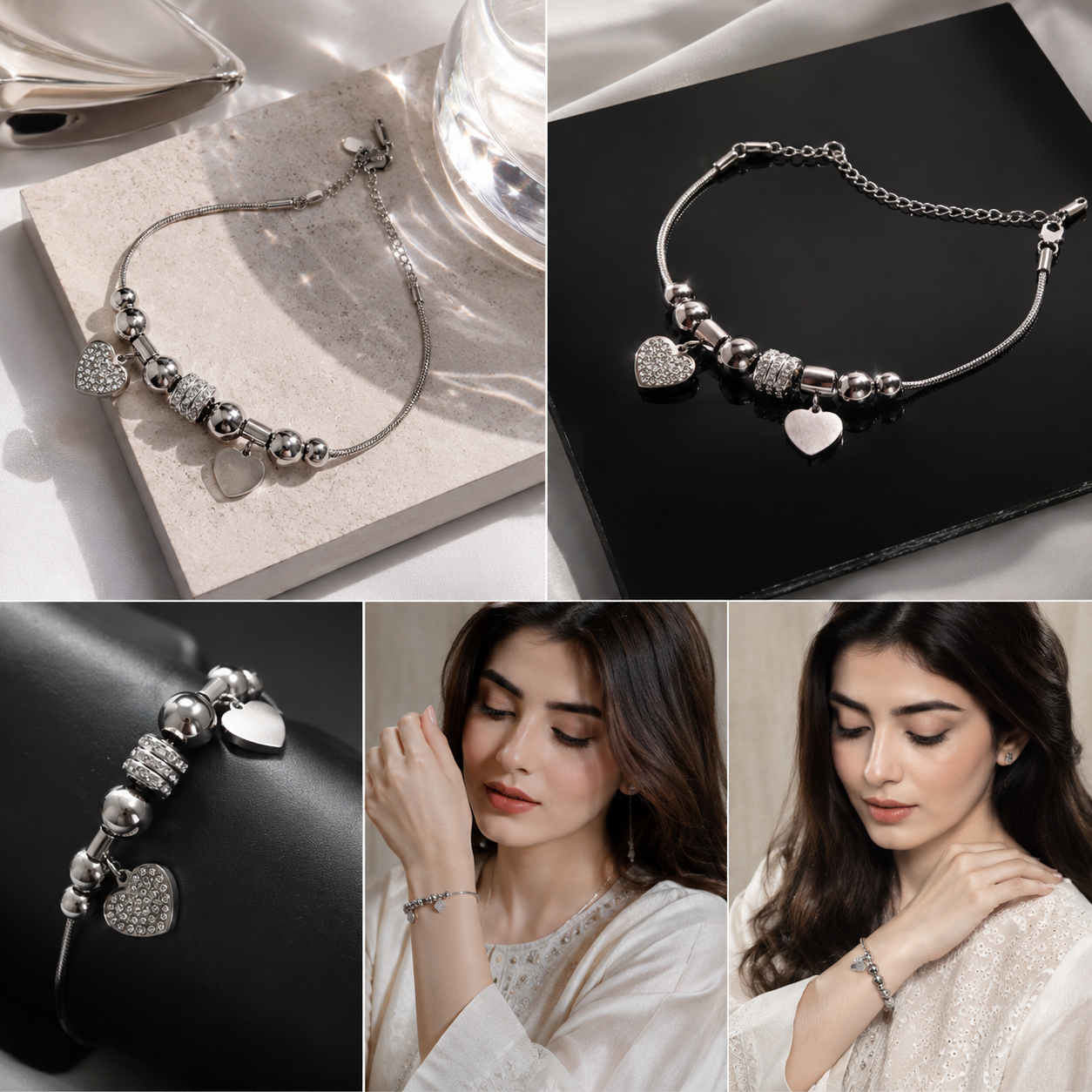 Luxury Heart Charm Bracelet – Elegant Beaded Bracelet for Women