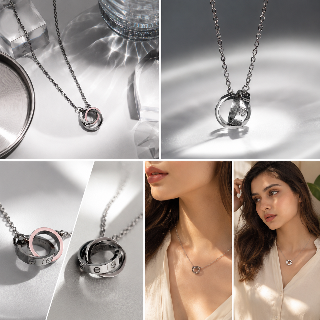 Luxury Couple Ring Pendant Necklace – Elegant Stainless Steel Interlocking Circle Necklace