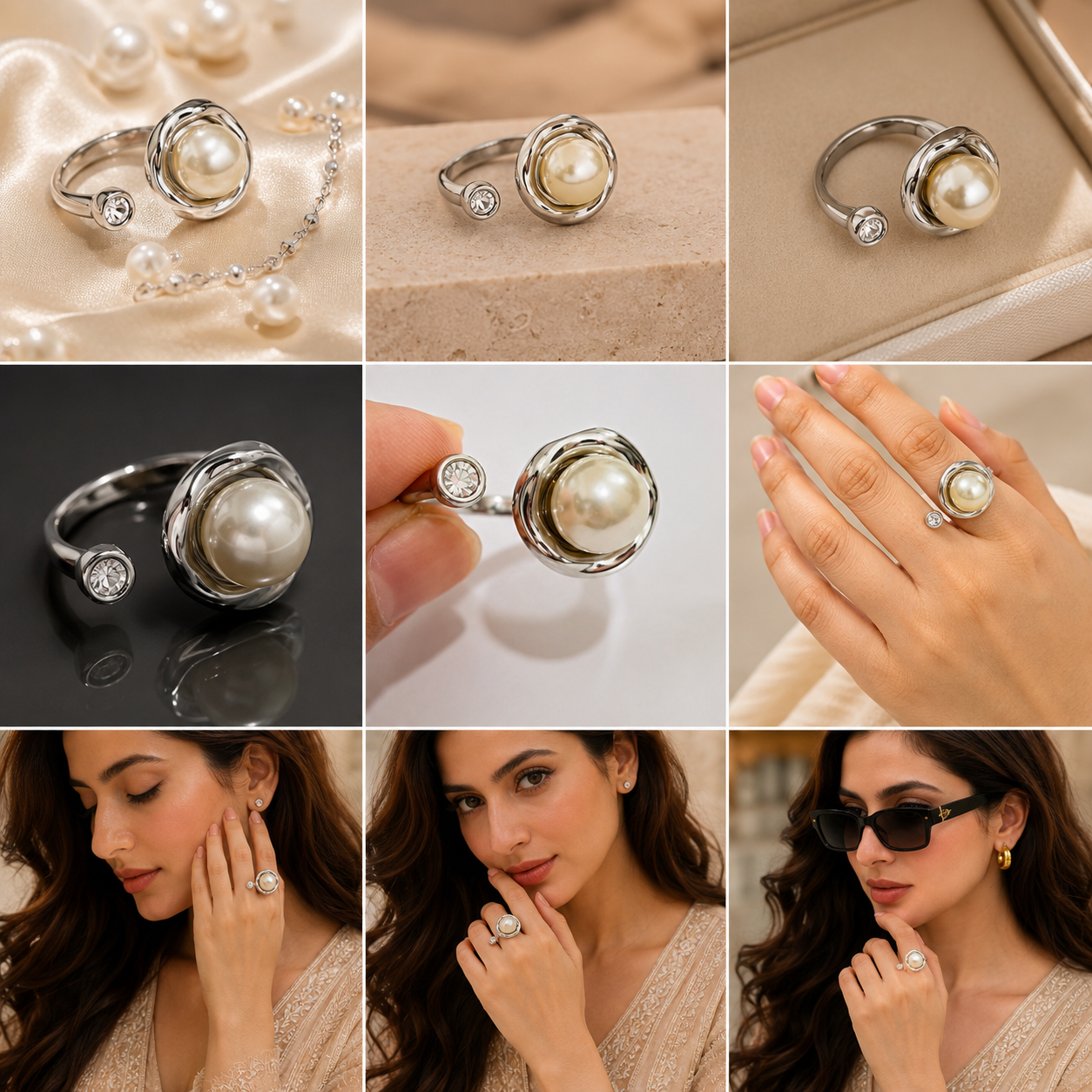 Luxury Pearl Open Ring – Elegant Adjustable Silver Statement Ring for Women