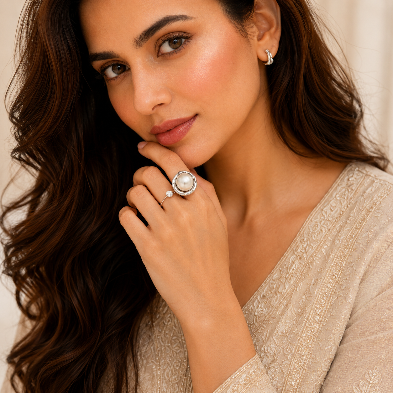 Luxury Pearl Open Ring – Elegant Adjustable Silver Statement Ring for Women