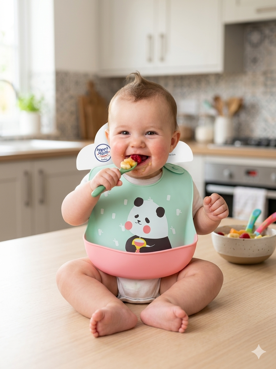 Waterproof Silicone Baby Bibs with Food Catching Pocket – Easy Clean, Adjustable Infant Feeding Bibs