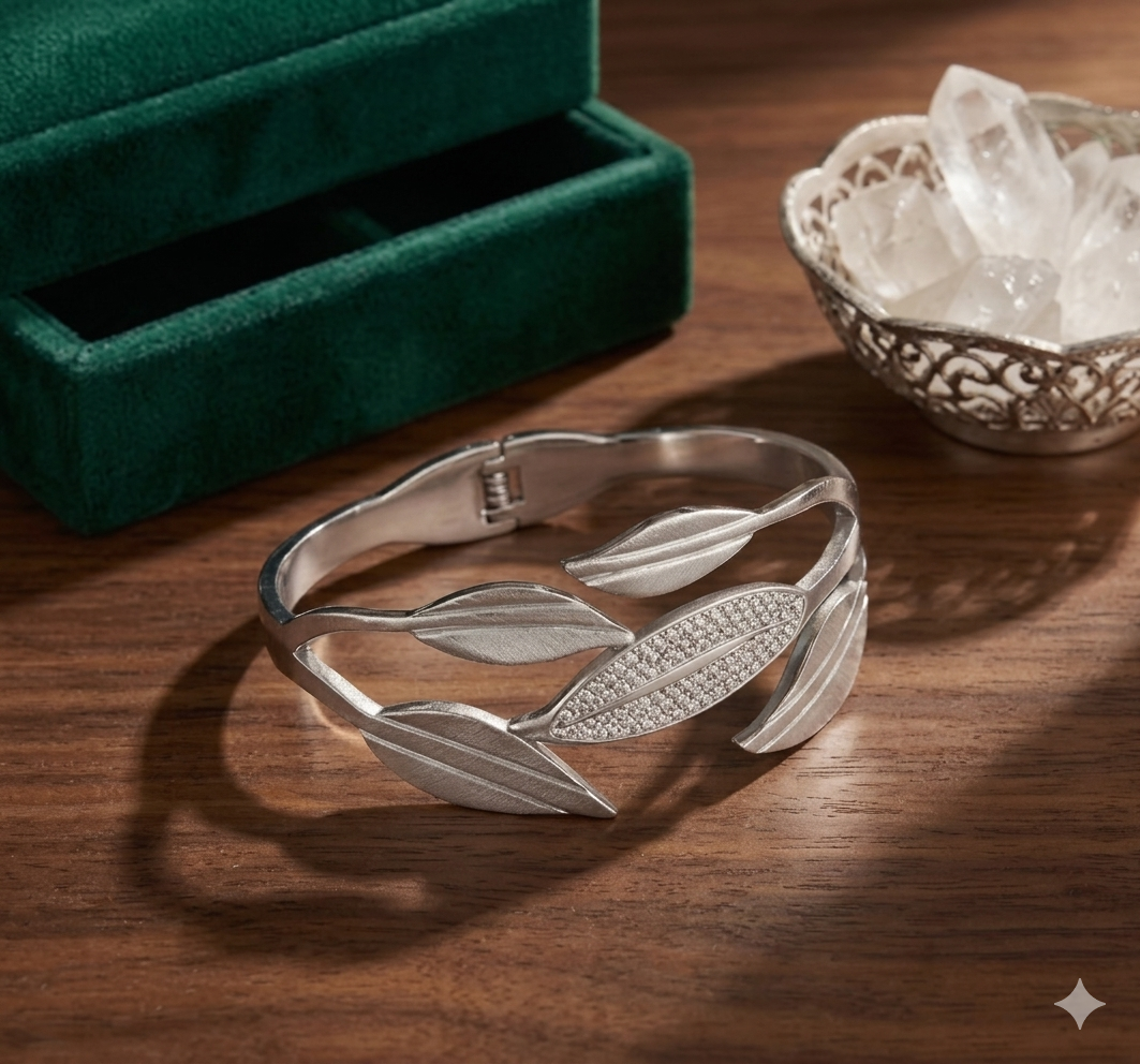 Everlasting Grace" Leaf Motif Zircon Bracelet