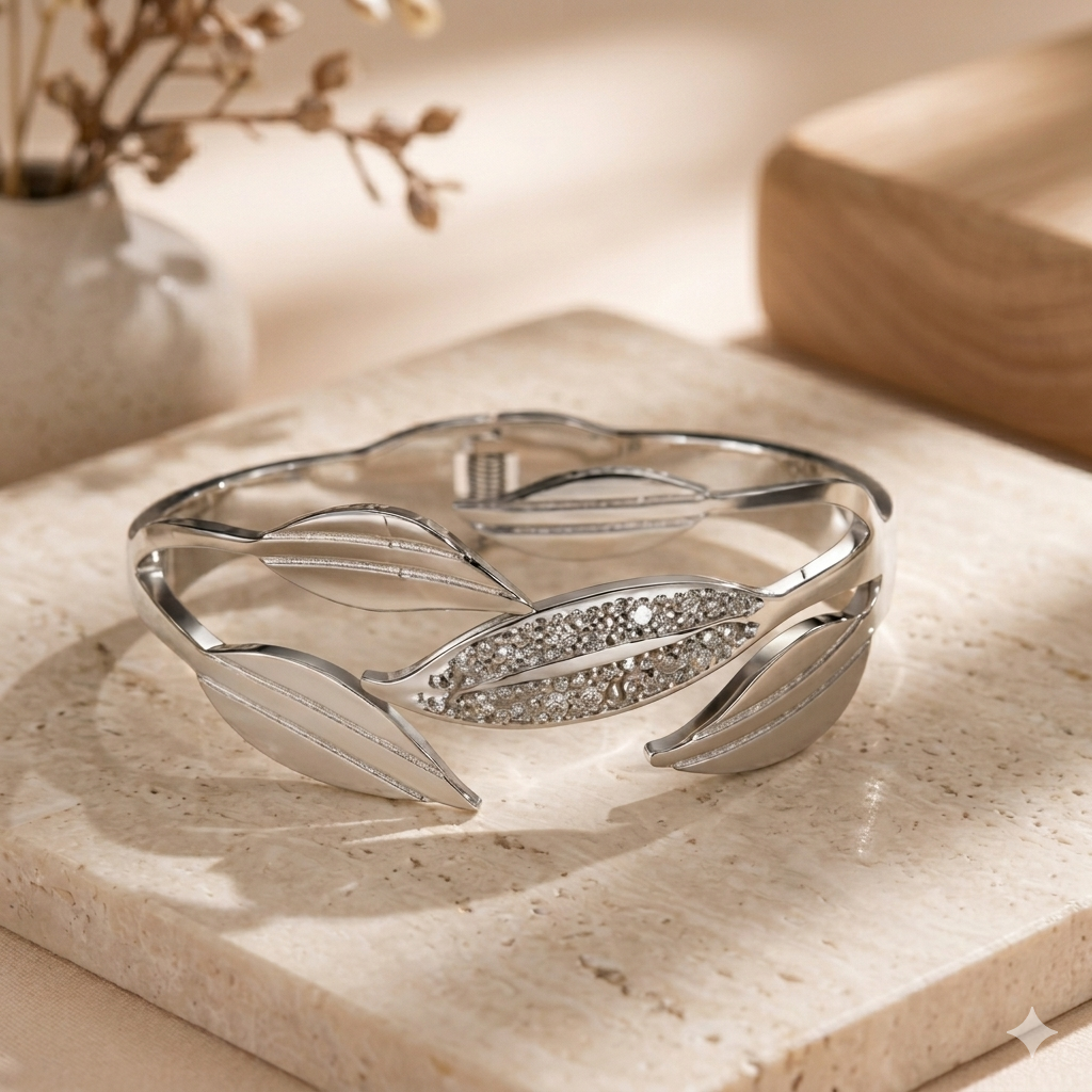 Everlasting Grace" Leaf Motif Zircon Bracelet