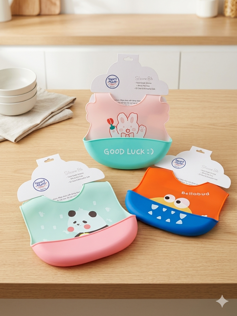 Waterproof Silicone Baby Bibs with Food Catching Pocket – Easy Clean, Adjustable Infant Feeding Bibs