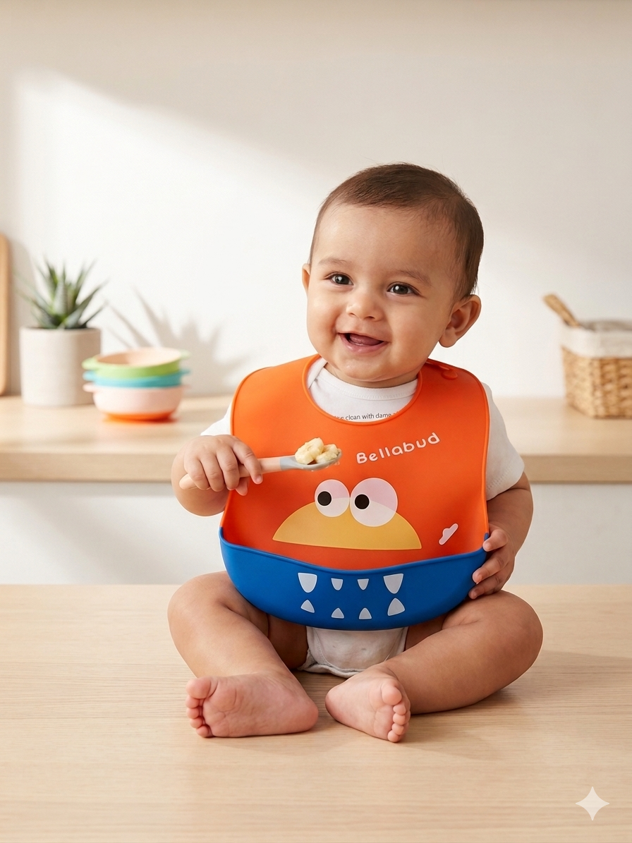 Waterproof Silicone Baby Bibs with Food Catching Pocket – Easy Clean, Adjustable Infant Feeding Bibs