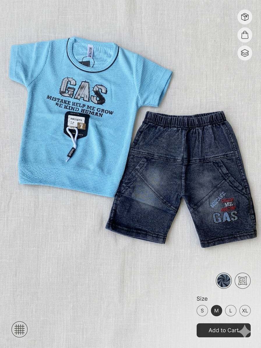 Kids' "GAS" Textured Tee & Denim Shorts Two-Piece Set