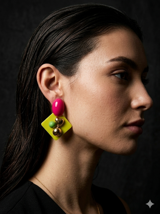 Retro-Pop Geometric Statement Earrings – Fuchsia & Lime Chartreuse