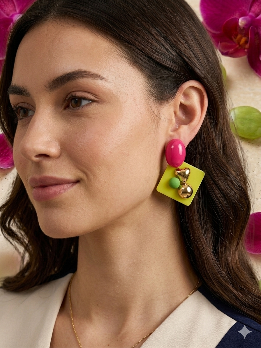Retro-Pop Geometric Statement Earrings – Fuchsia & Lime Chartreuse