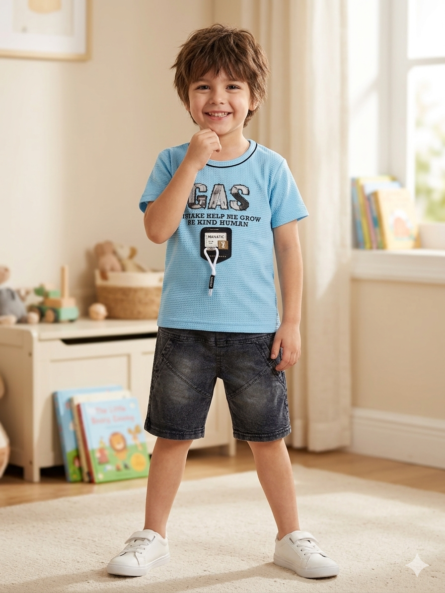 Kids' "GAS" Textured Tee & Denim Shorts Two-Piece Set