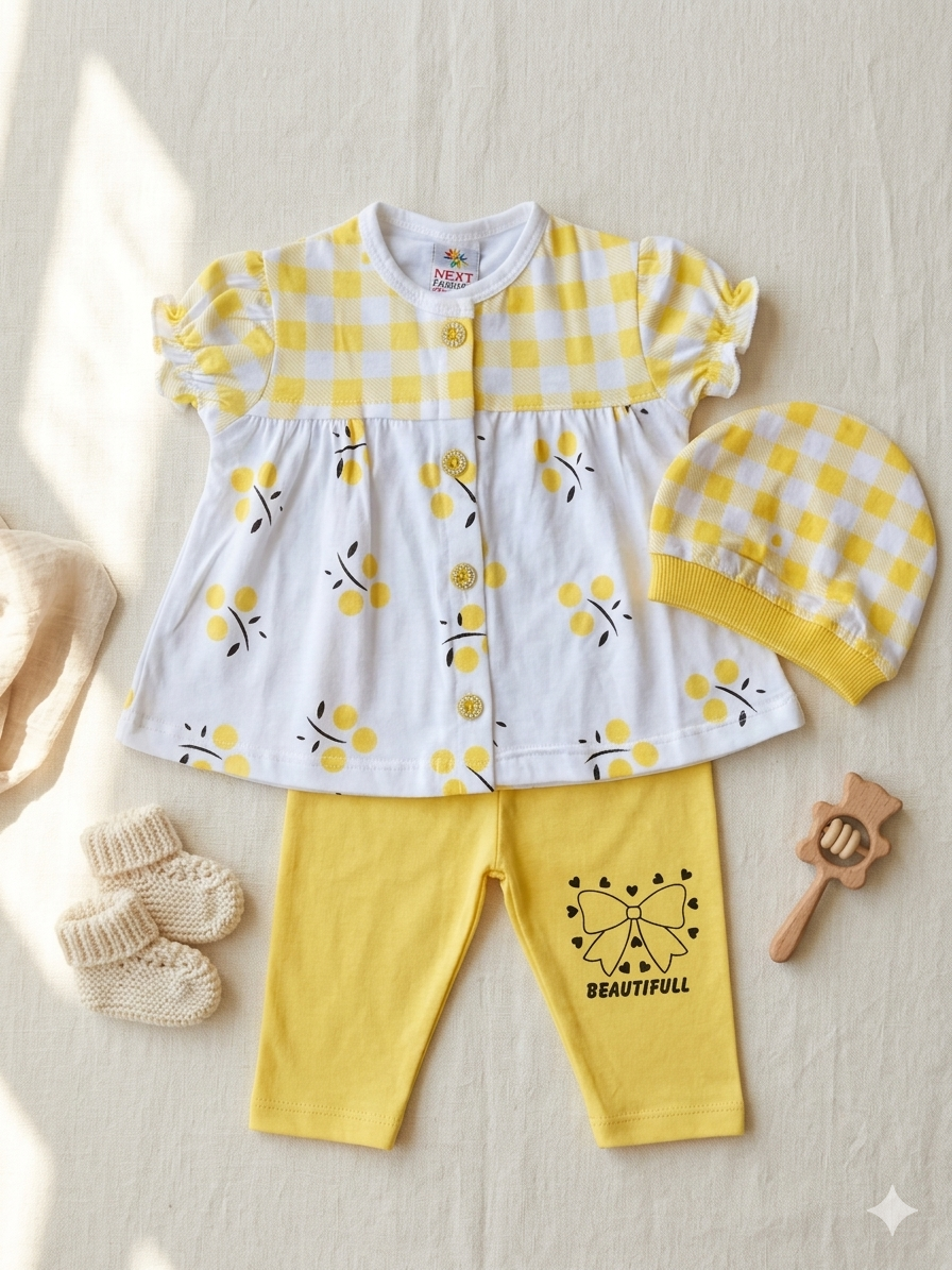 3-Piece Gingham & Floral Cotton Outfit Set – Elegance Meets Comfort