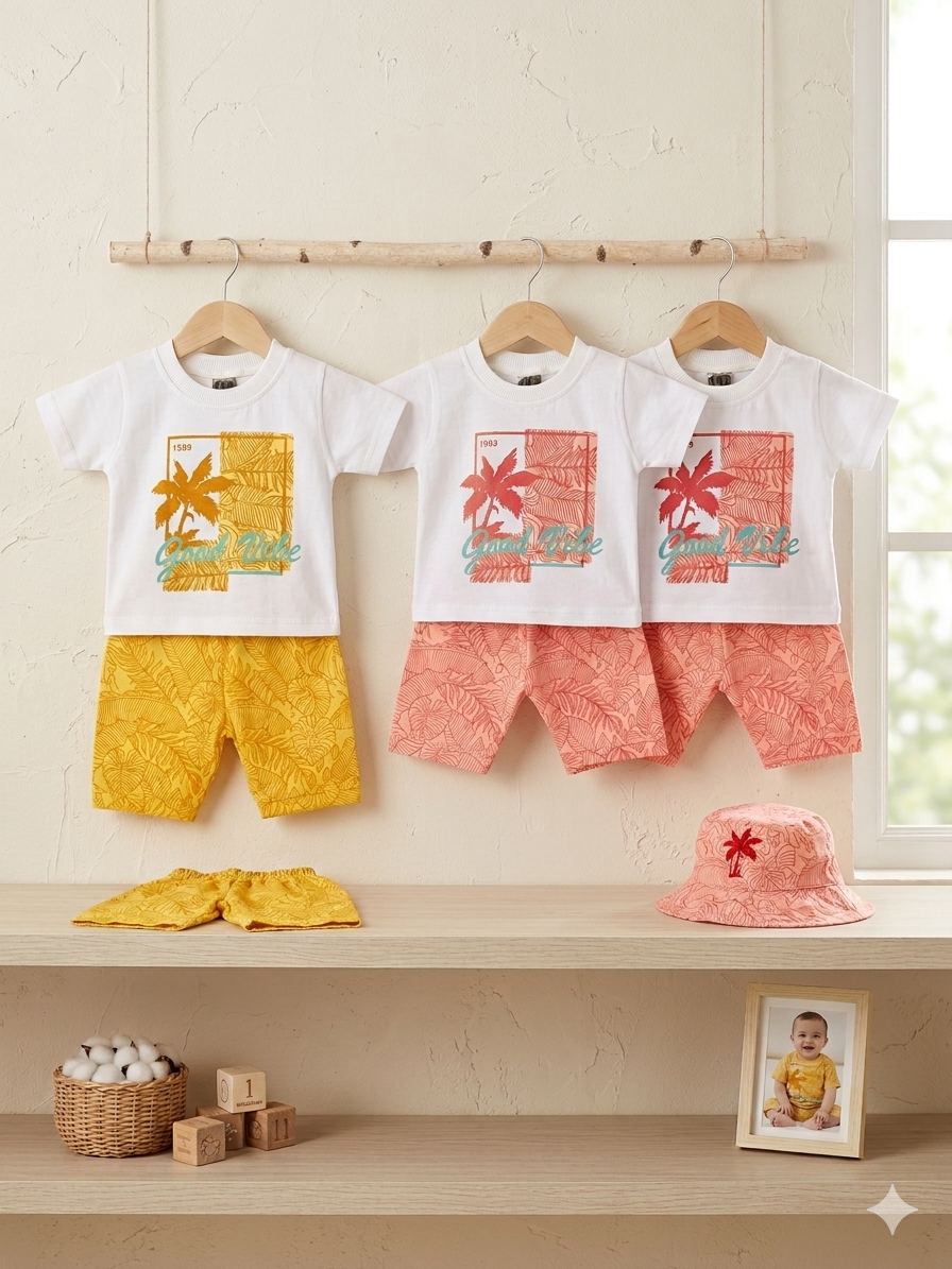 Kids Summer Vibe T-Shirt and Shorts Set 100%Cotton Tropical Matching Outfit