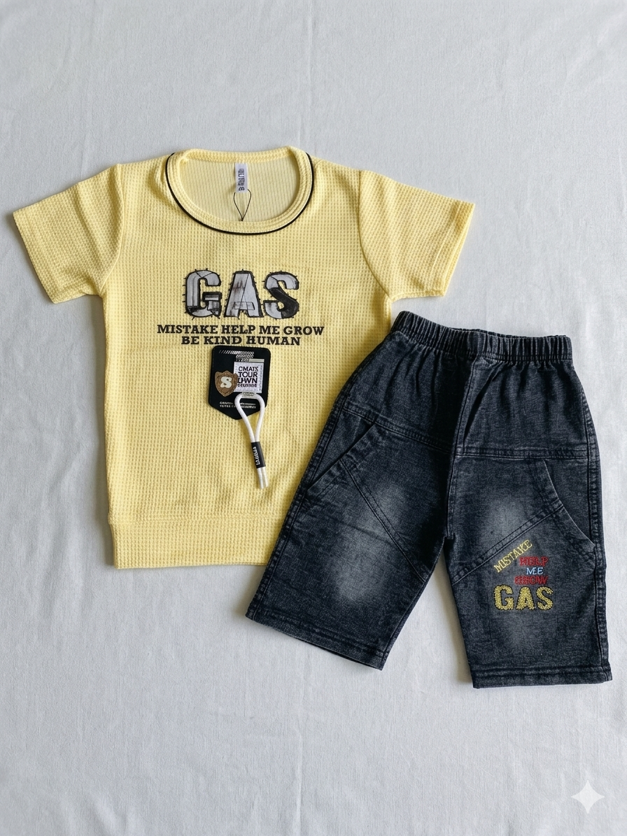 Kids' "GAS" Textured Tee & Denim Shorts Two-Piece Set