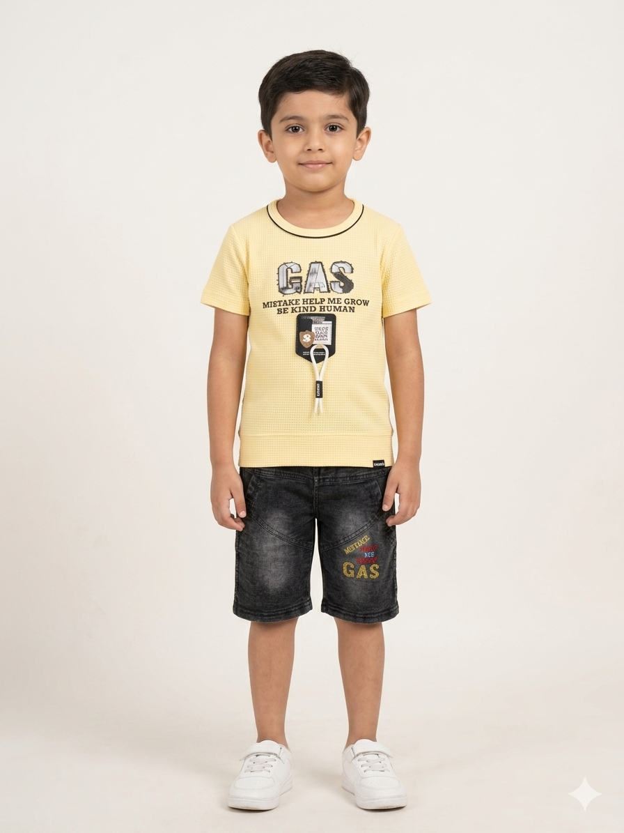 Kids' "GAS" Textured Tee & Denim Shorts Two-Piece Set