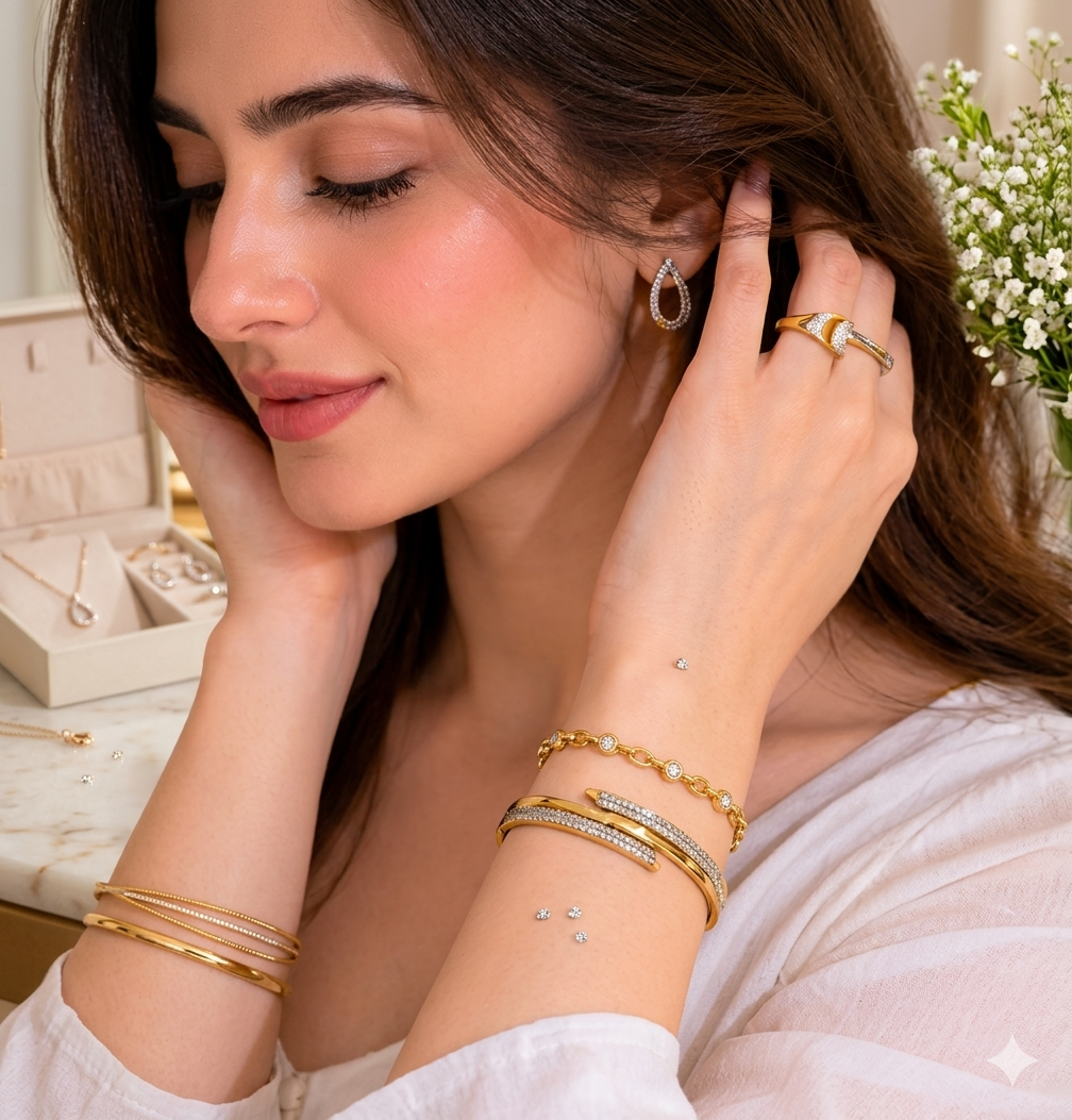 Modern Elegance Pavé Gold-Tone Bangle | Alifbaay Luxury Minimalist Jewelry