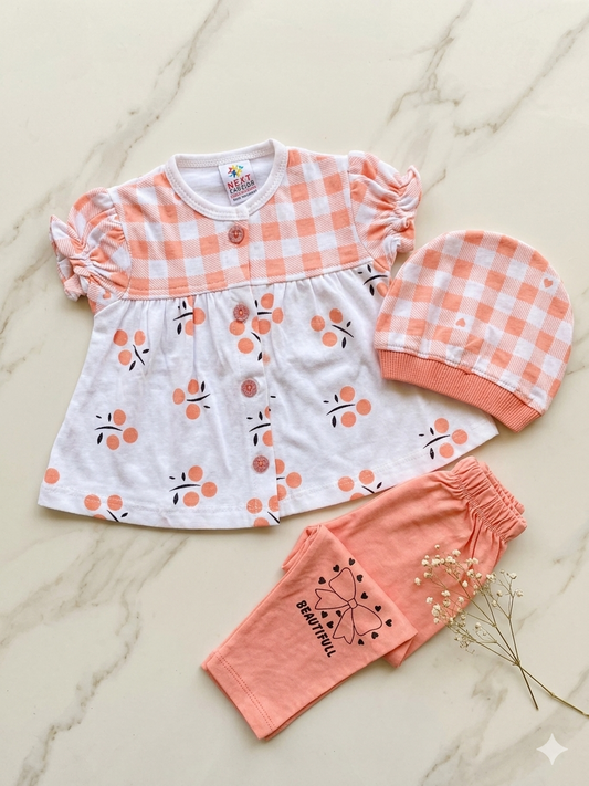 3-Piece Gingham & Floral Cotton Outfit Set – Elegance Meets Comfort