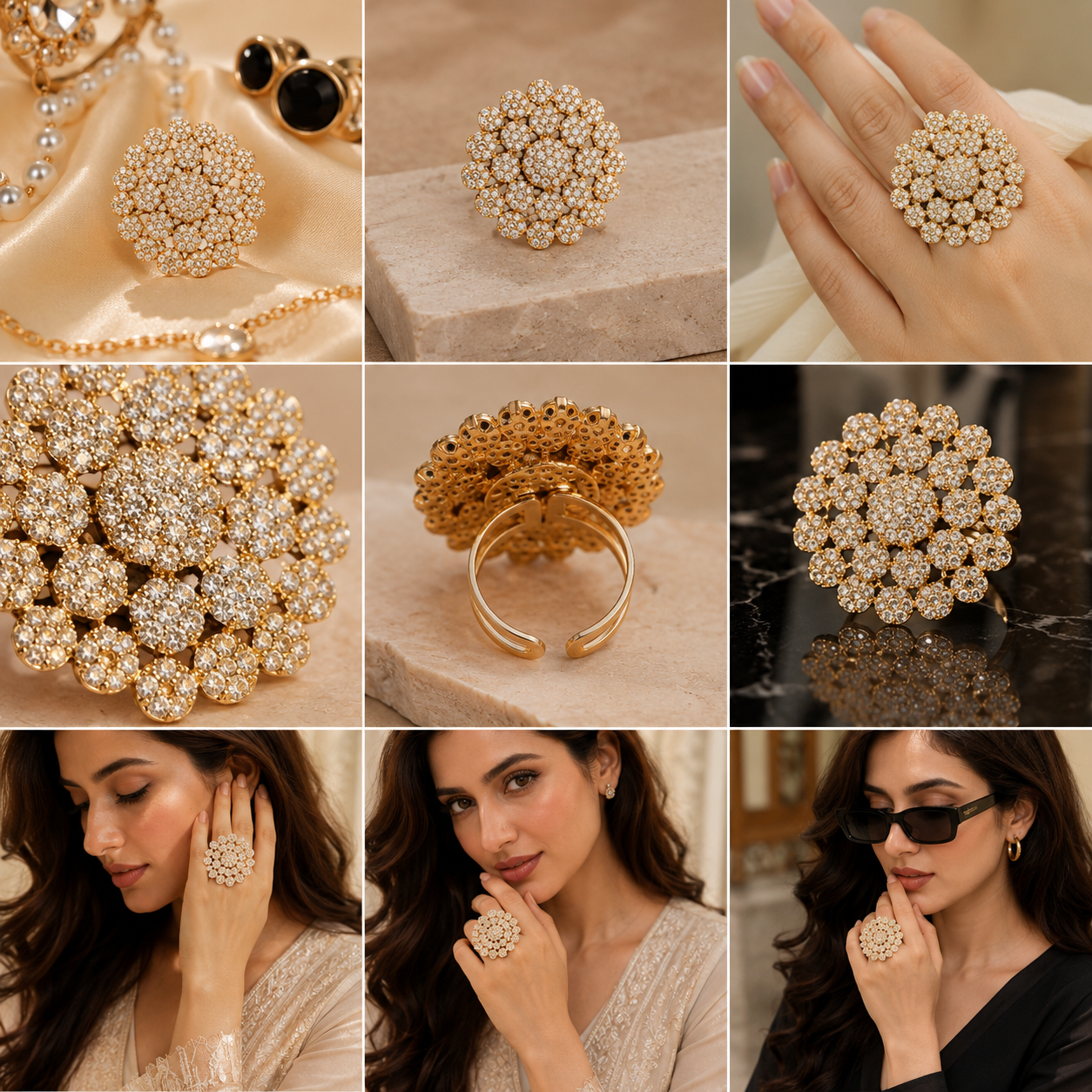 Radiant Cluster Statement Ring | Luxury Crystal Cocktail Ring in Gold & Silver