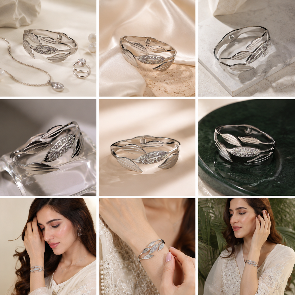 Everlasting Grace" Leaf Motif Zircon Bracelet