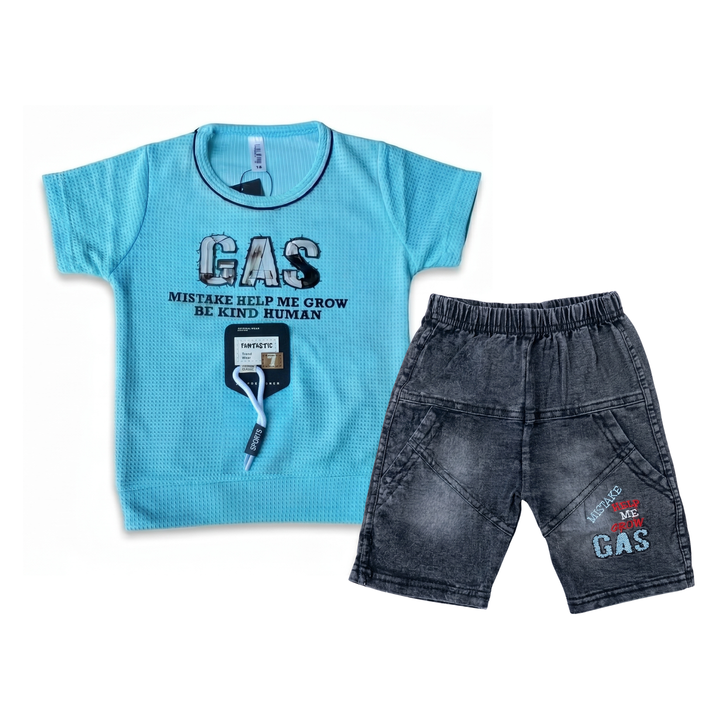 Kids' "GAS" Textured Tee & Denim Shorts Two-Piece Set