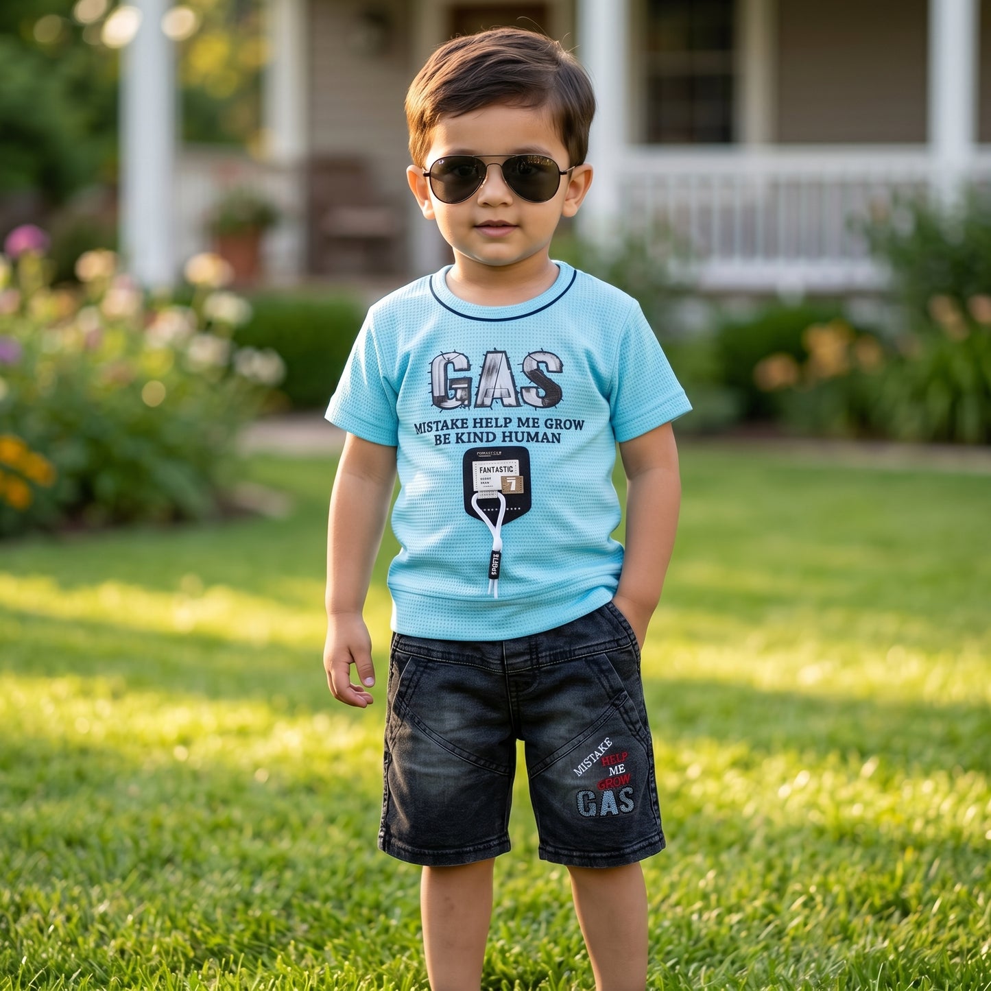 Kids' "GAS" Textured Tee & Denim Shorts Two-Piece Set