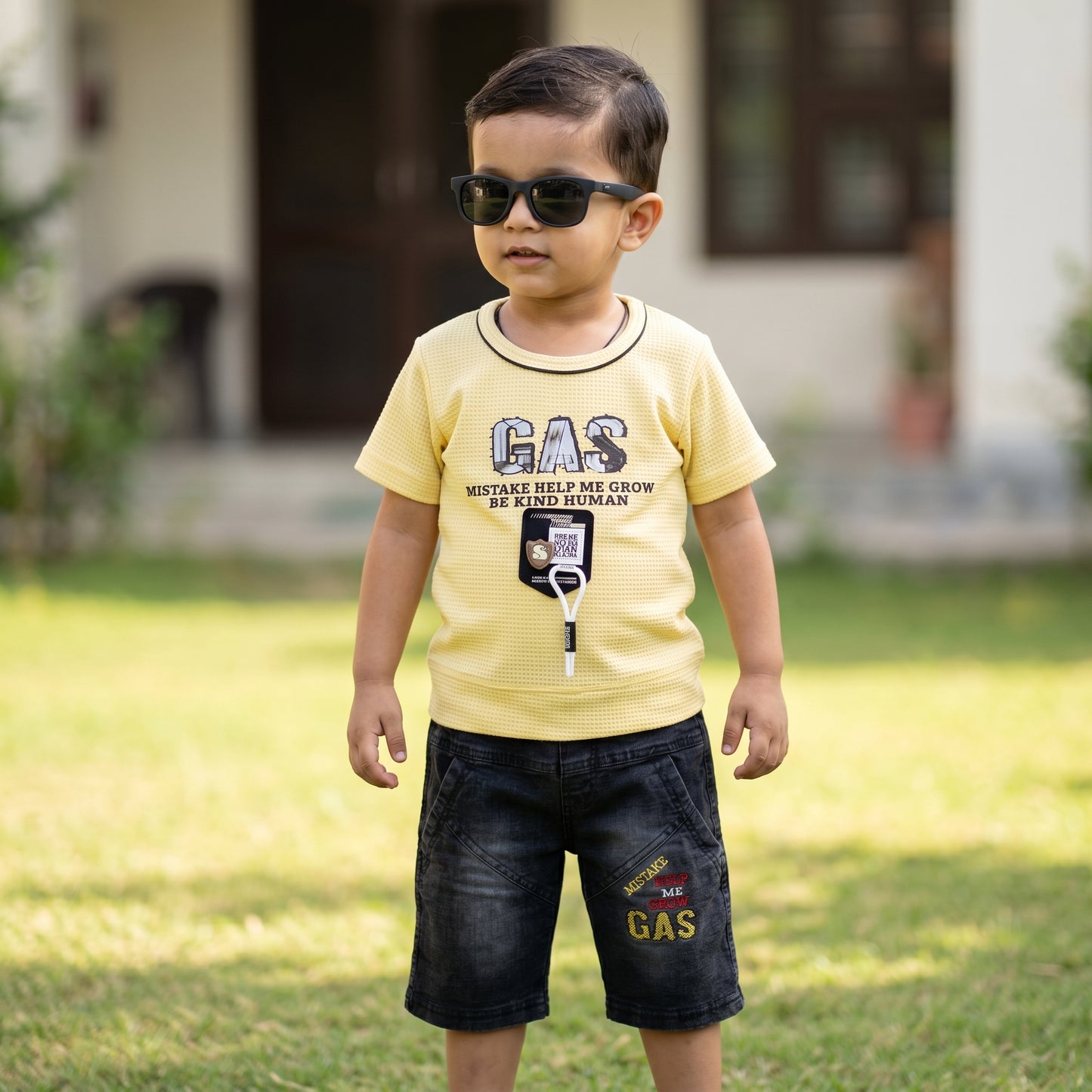 Kids' "GAS" Textured Tee & Denim Shorts Two-Piece Set
