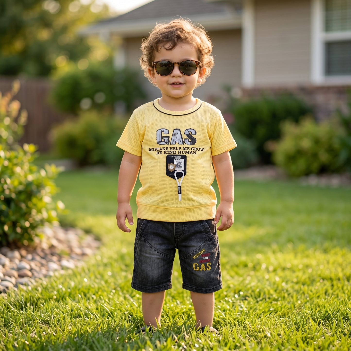 Kids' "GAS" Textured Tee & Denim Shorts Two-Piece Set