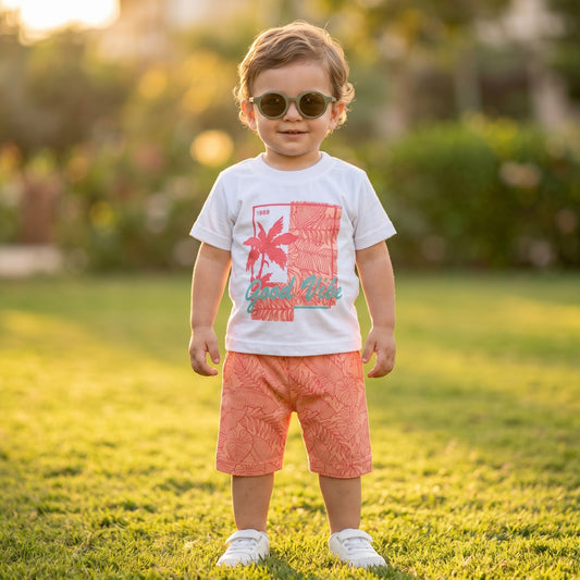 Kids Summer Vibe T-Shirt and Shorts Set 100%Cotton Tropical Matching Outfit