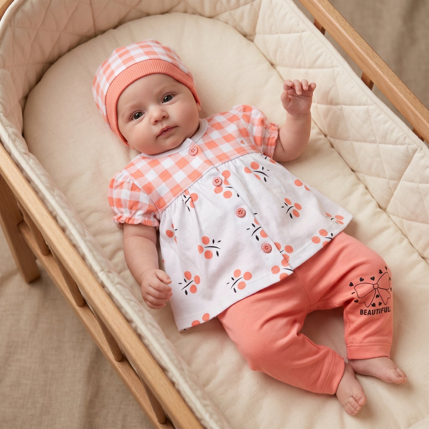 3-Piece Gingham & Floral Cotton Outfit Set – Elegance Meets Comfort