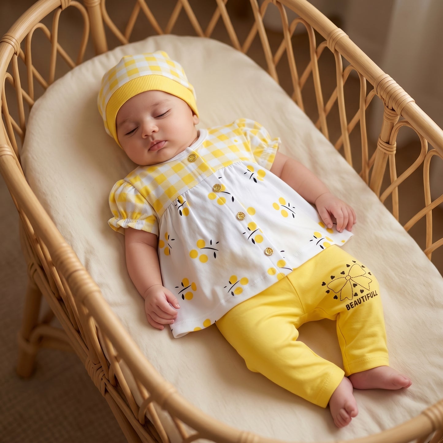 3-Piece Gingham & Floral Cotton Outfit Set – Elegance Meets Comfort