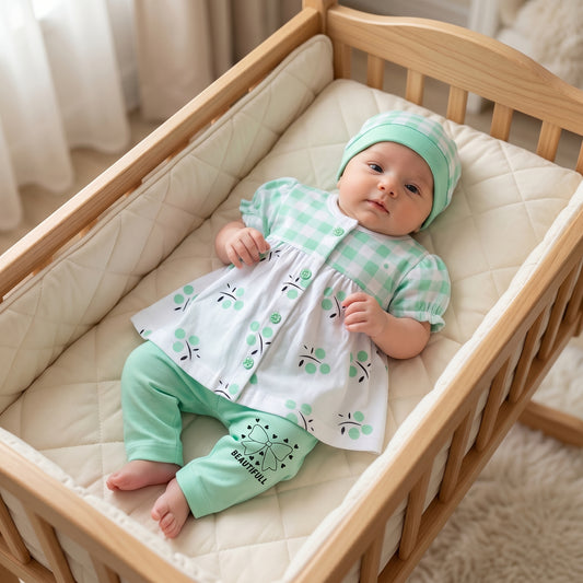 3-Piece Gingham & Floral Cotton Outfit Set – Elegance Meets Comfort