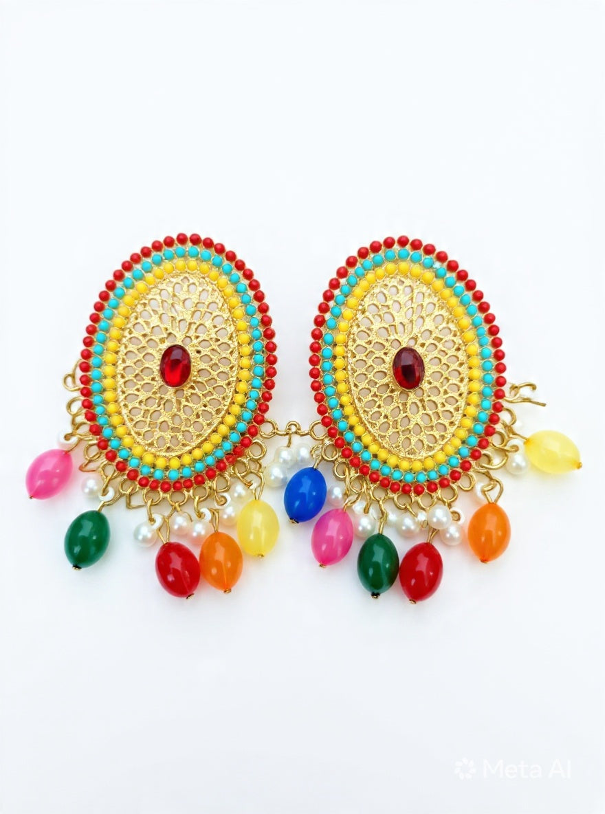 Filigree Multicolor Statement Earrings Gold Turquoise Multicolor