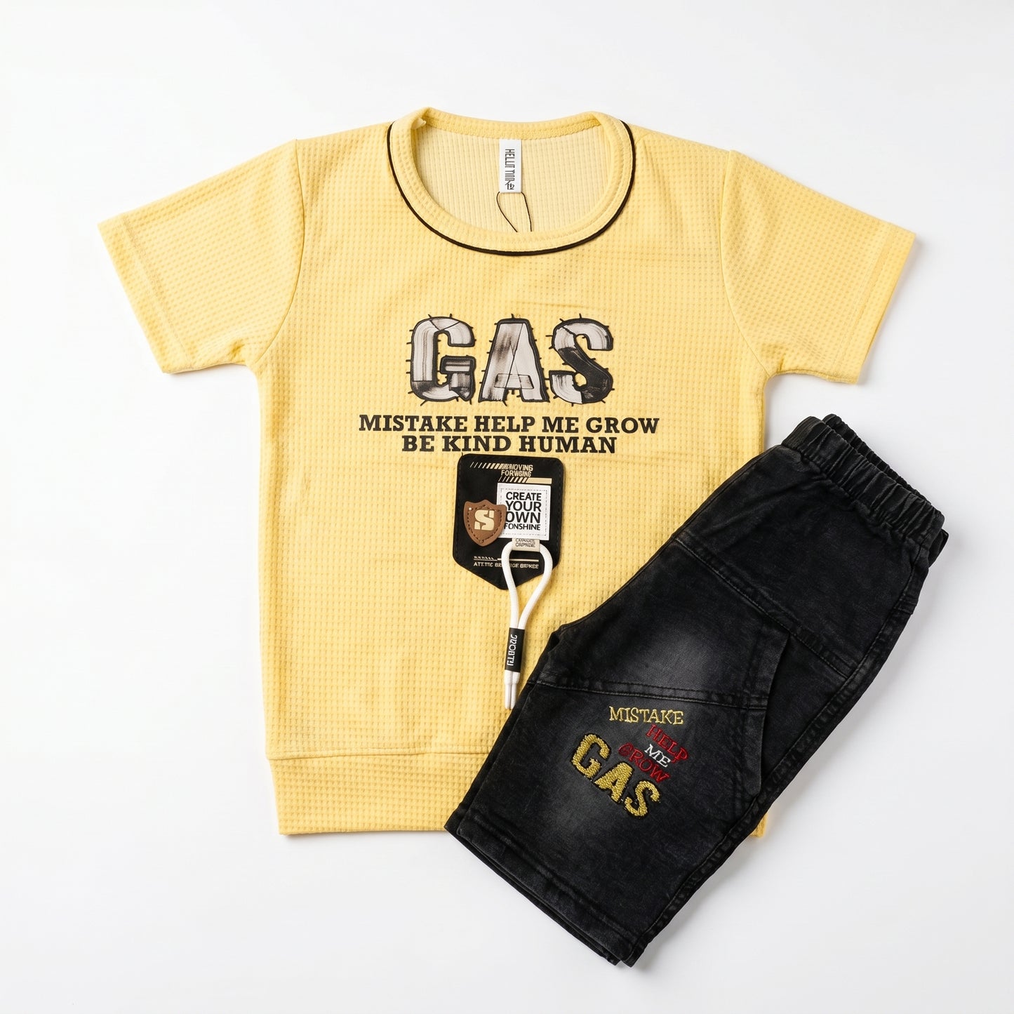 Kids' "GAS" Textured Tee & Denim Shorts Two-Piece Set