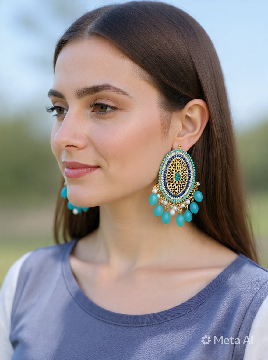Filigree Multicolor Statement Earrings Gold Turquoise Multicolor