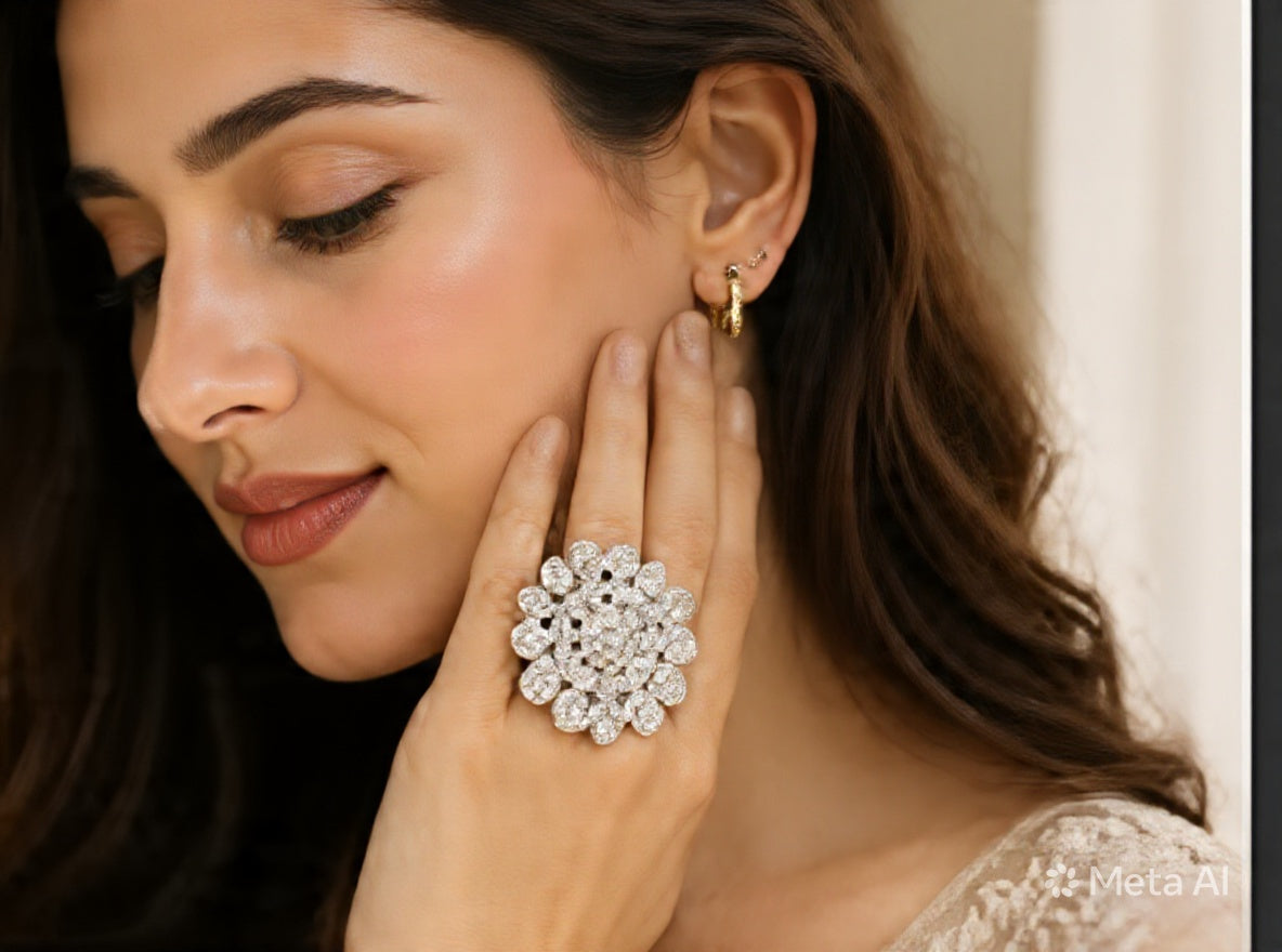 Radiant Cluster Statement Ring | Luxury Crystal Cocktail Ring in Gold & Silver